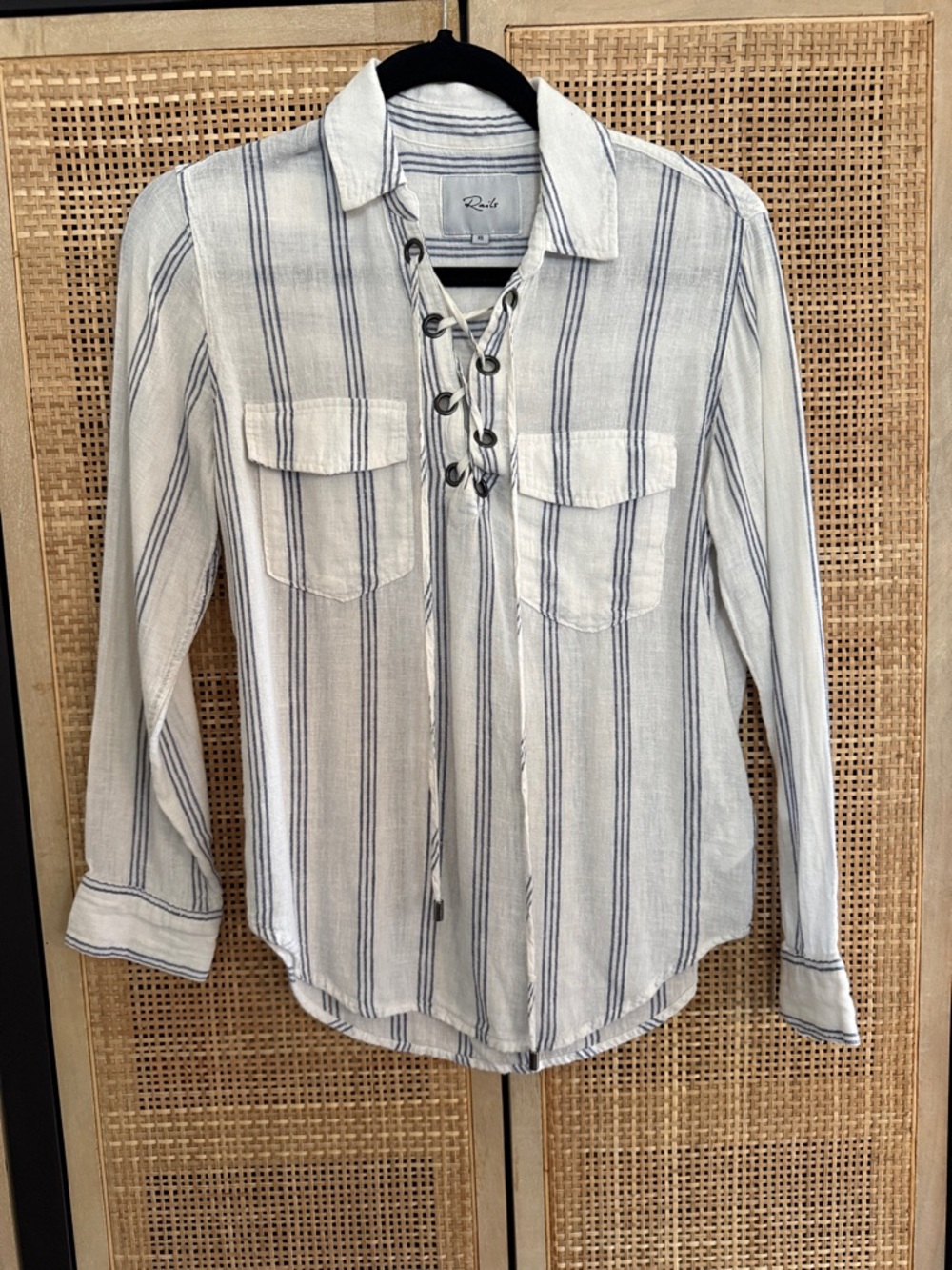 Rails Striped Lace-Up Button Shirt in Cream and Blue